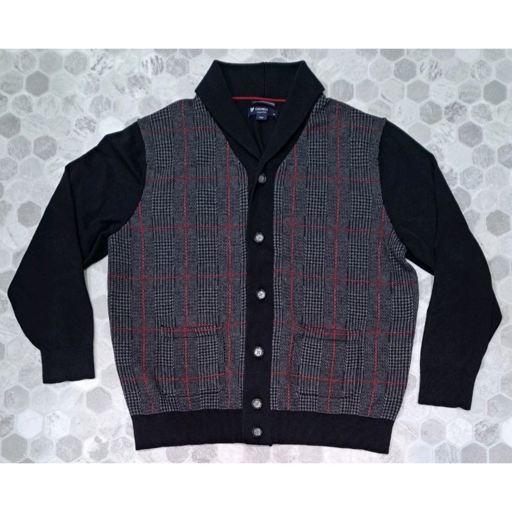 Cremieux Shawl CARDIGAN Mens Black Red Plaid Soft Size XL Pima Cotton Cashmere